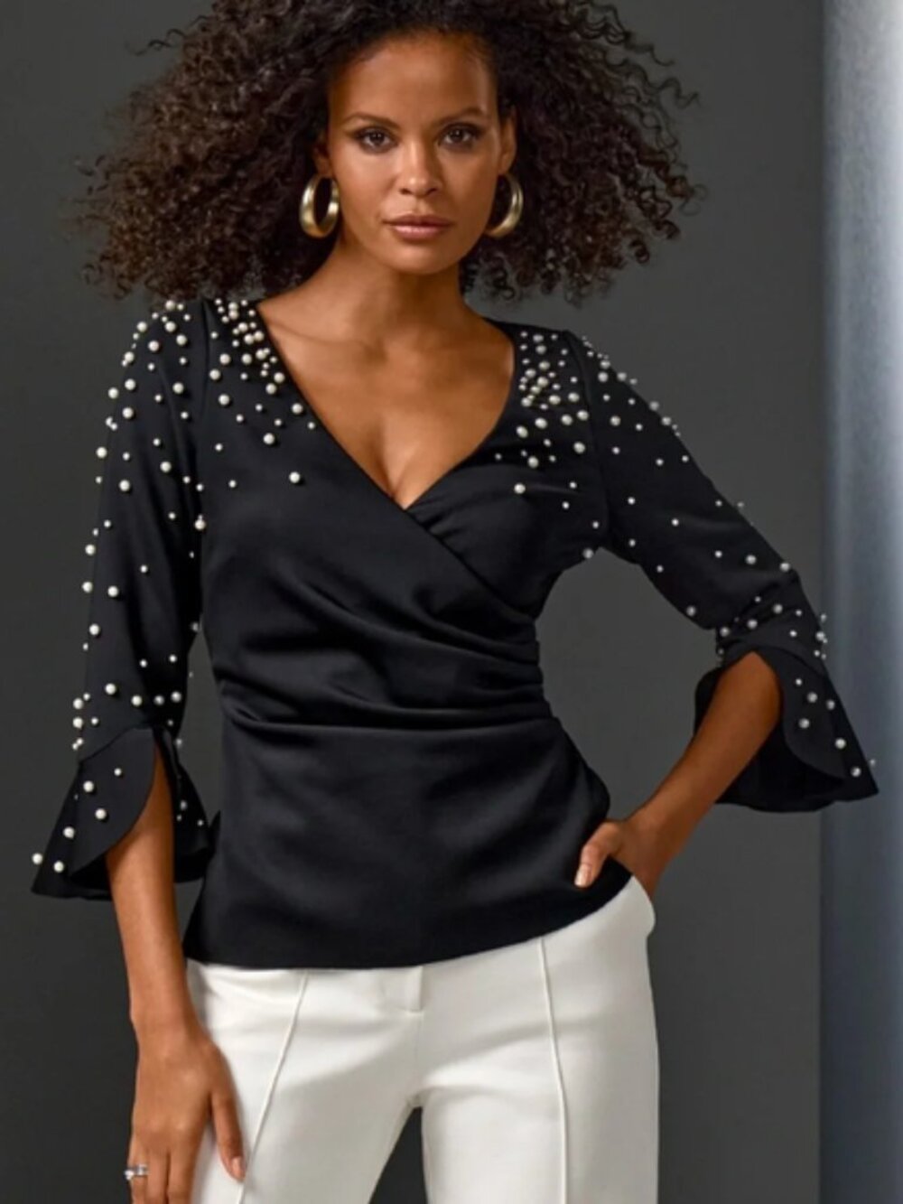 BOSTON PROPER Pearl Surplice Flare Sleeve Black Top Size 8